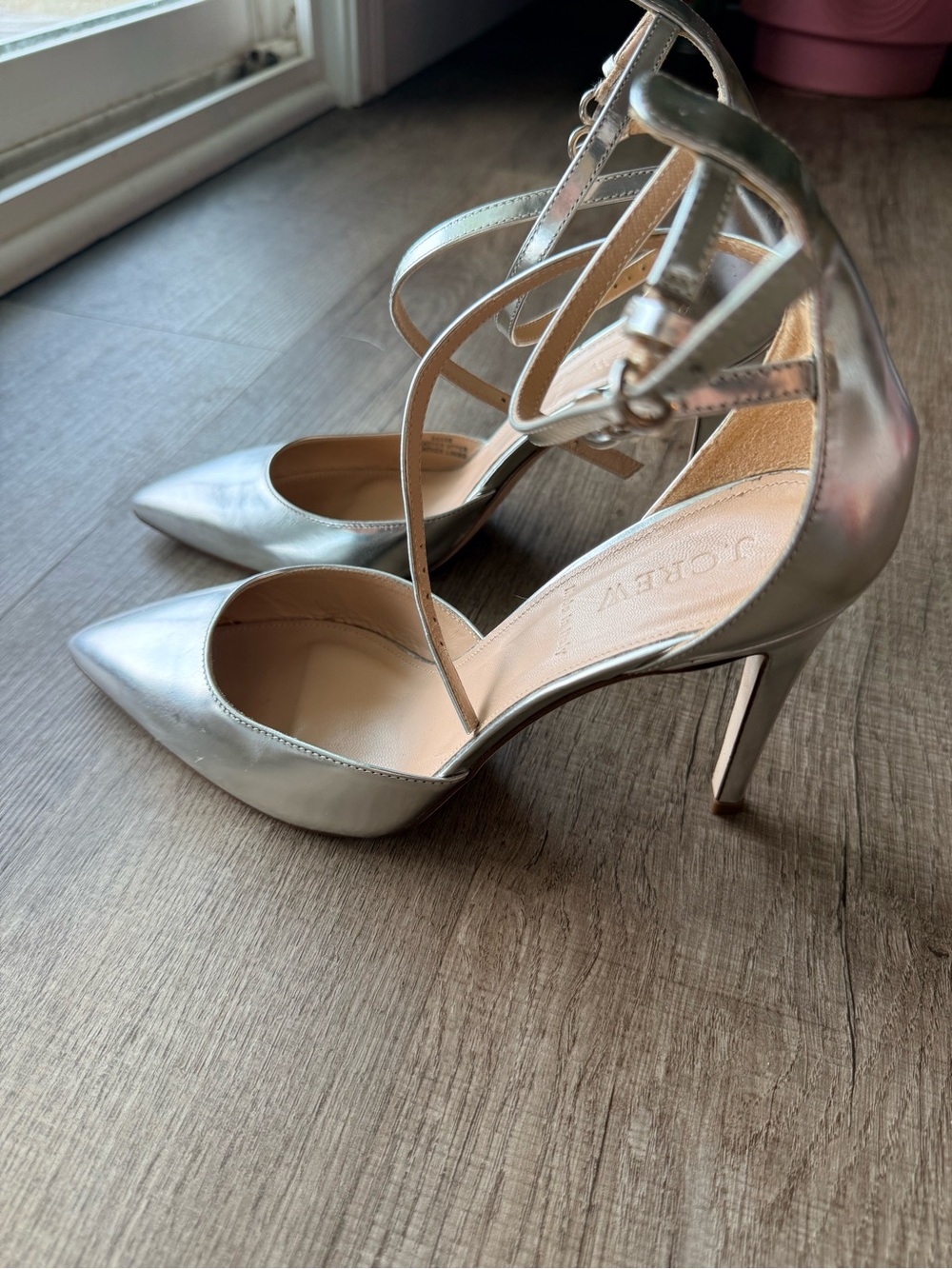 J. Crew Silver Pointed-Toe Double Ankle Strap Heels - Picture 3 of 7